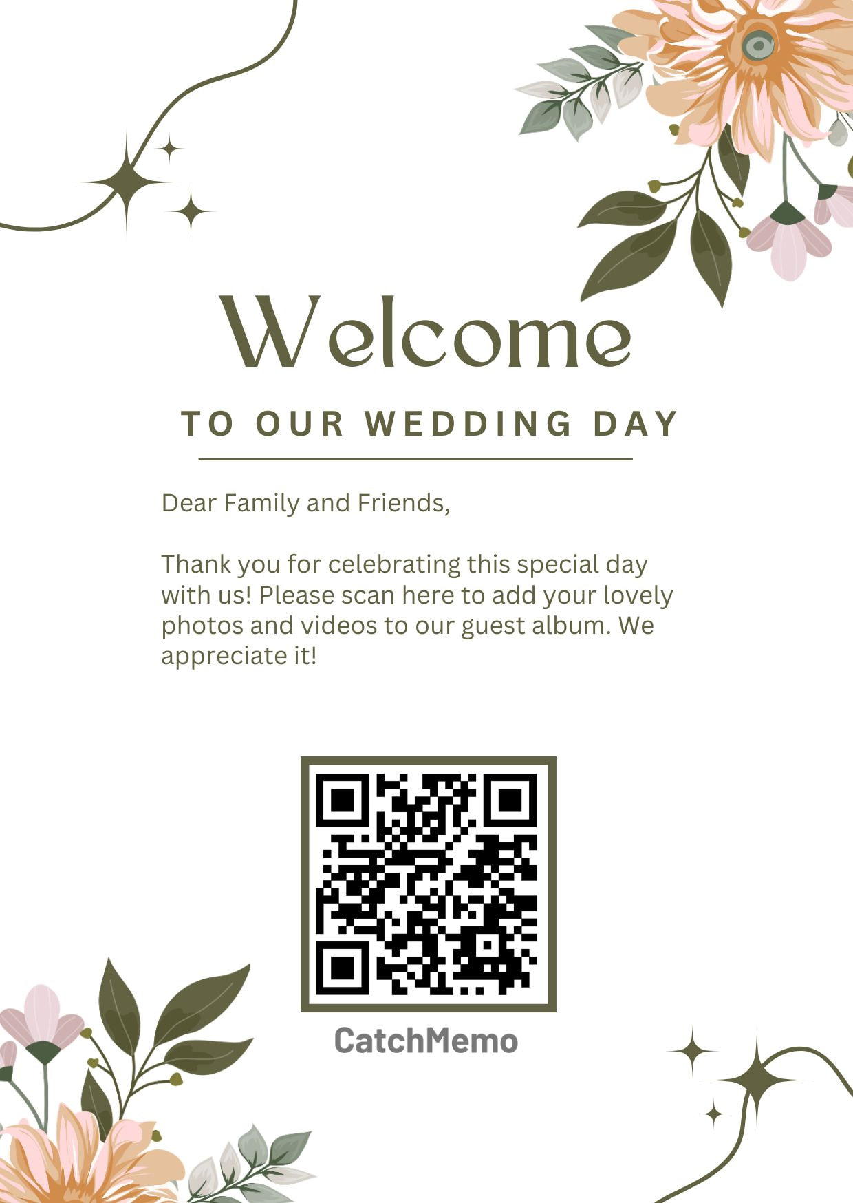 Printed Catchmemo welcome sign with a QR code guests scan to add their photos