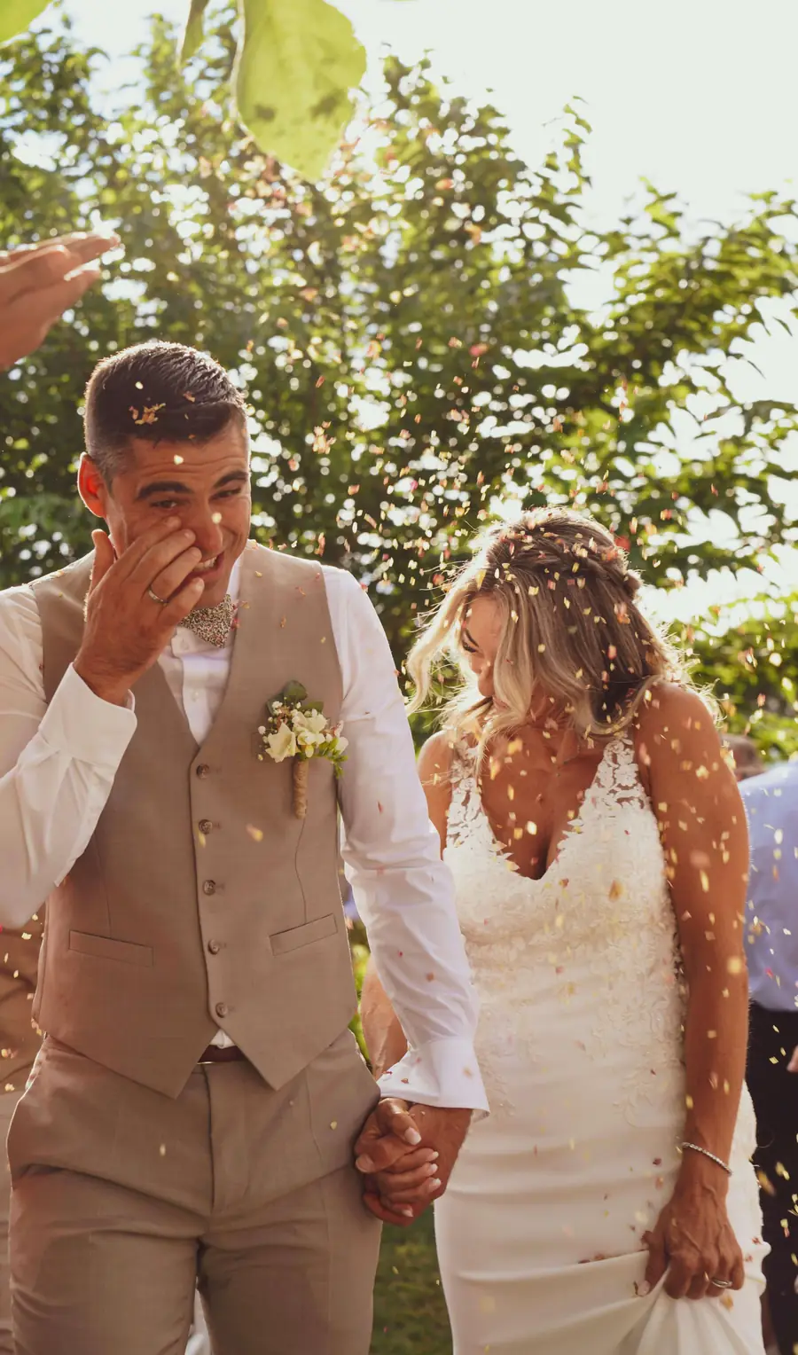 Newly married couple celebrating with their guests